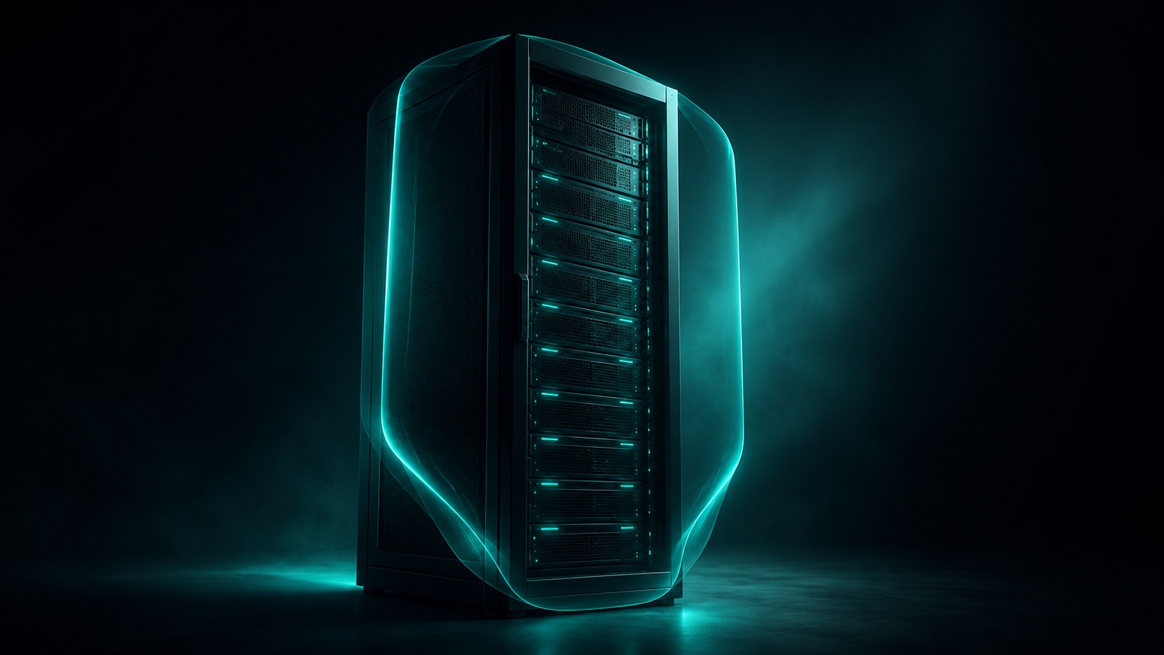 Rack de servidor iluminado por luz teal no escuro, envolto por um campo translúcido que sugere proteção