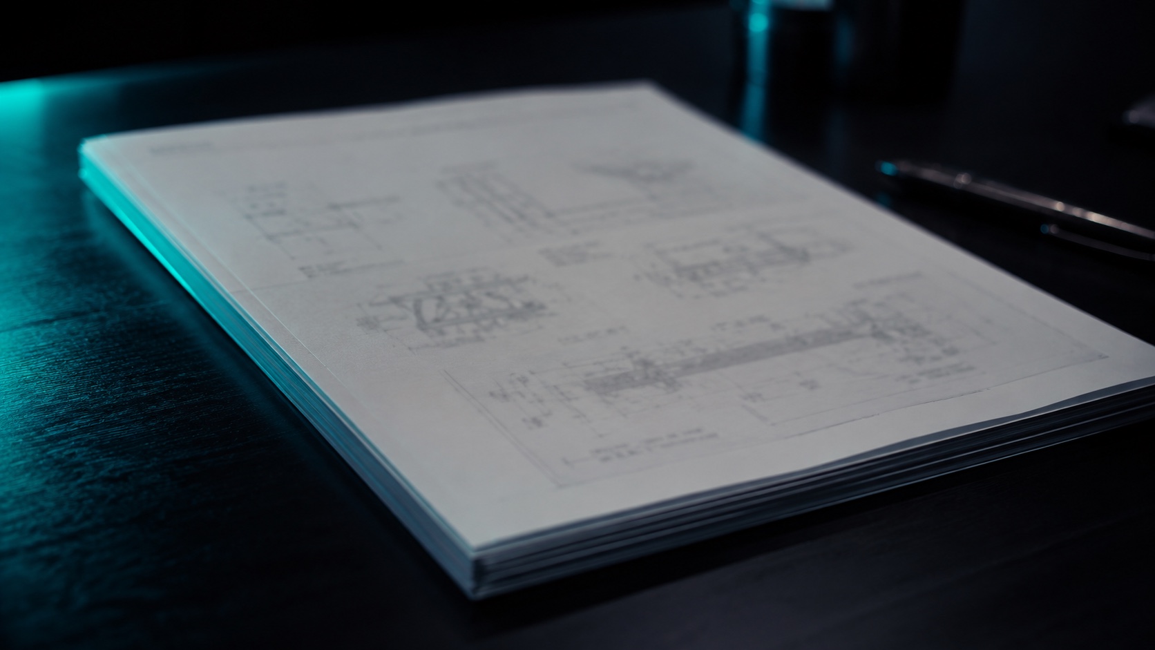Memorial de cálculo impresso sobre uma mesa escura, com desenhos técnicos nas páginas e luz teal rasante